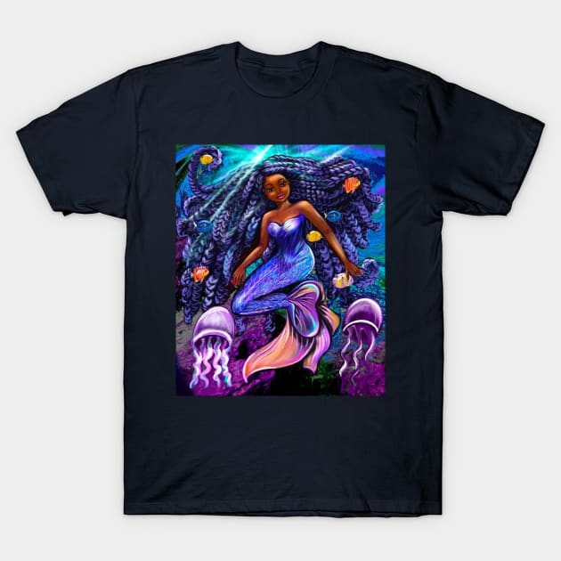 mermaid underwater with flowing shimmering blue black braids fish and jelly fish  , brown eyes curly Afro hair and caramel brown skin T-Shirt by Artonmytee